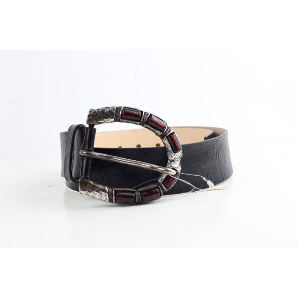 Black Leather Oversized Buckle Adjustable Waist Belt Size 44 Statement main image 4